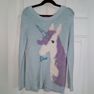 Justice Girls Sparkly Blue Unicorn Sweater -Sz 8